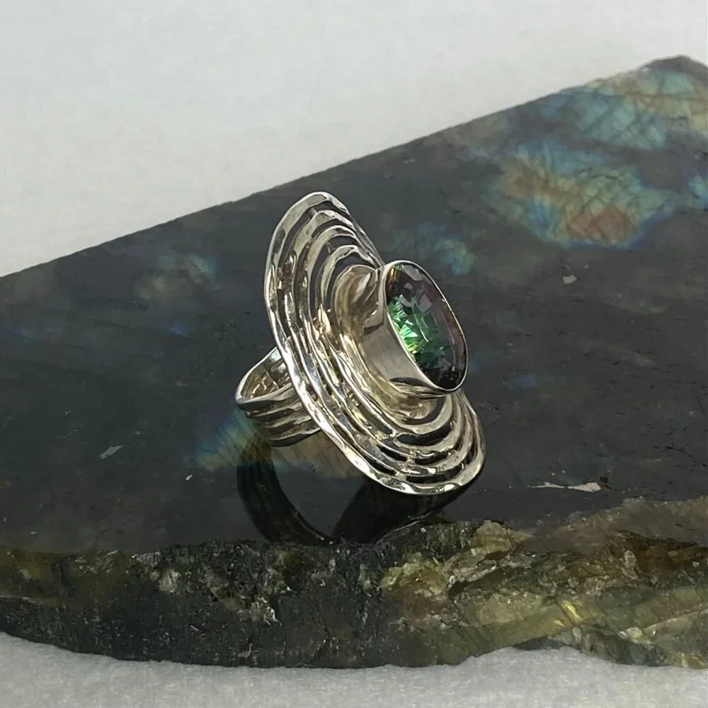 Sterling Silver 925 India Large Bezel Set Oval Mystic Quartz Statement Ring 5.5